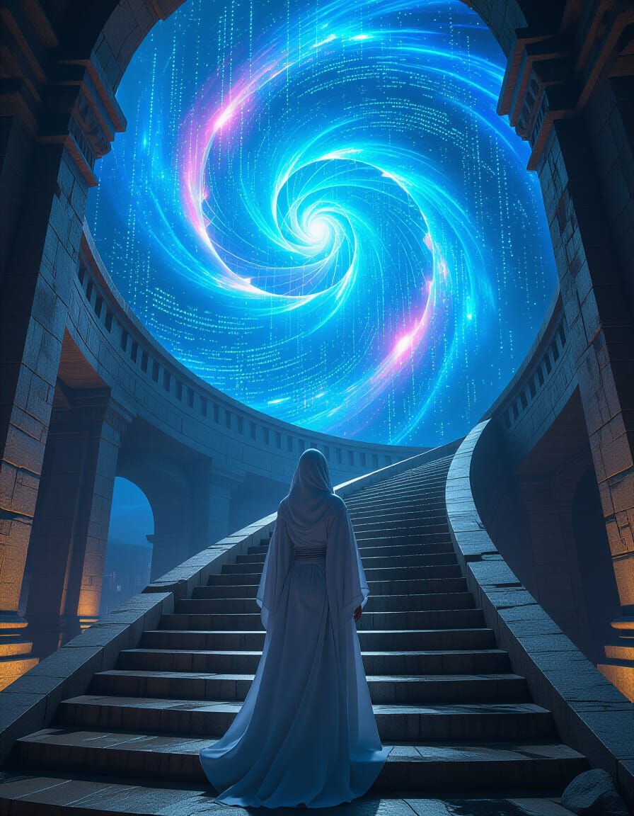 Woman at Digital Nebula Staircase in Cyberpunk Ruins