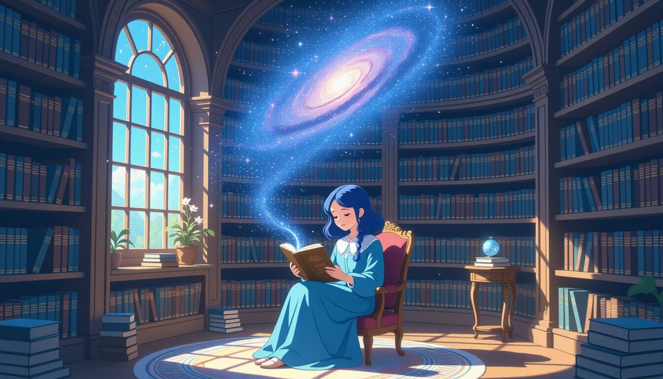 Starlight Library with Whispering Cosmic Secrets