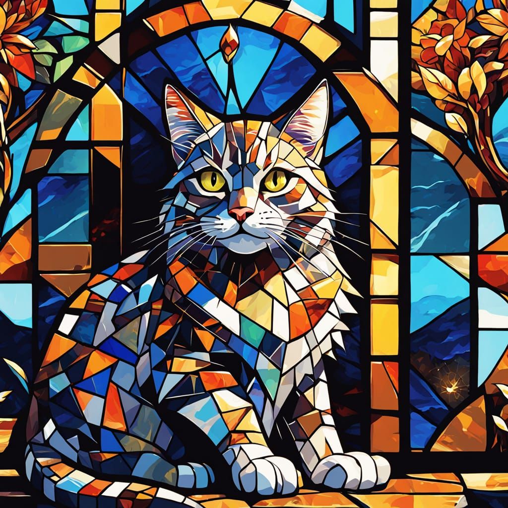 Tabby Cat in Detailed Stained Glass Style
