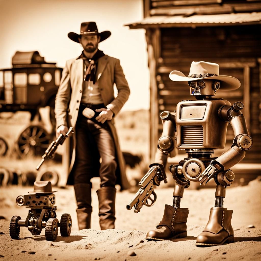 Far West Outlaw and Robot in Sepia
