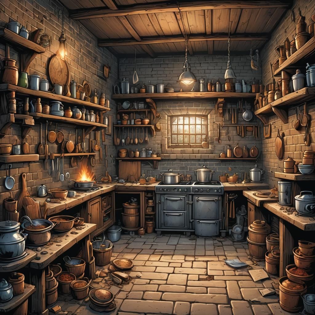 Medieval Wizard's Kitchen in Comic Book Art Style