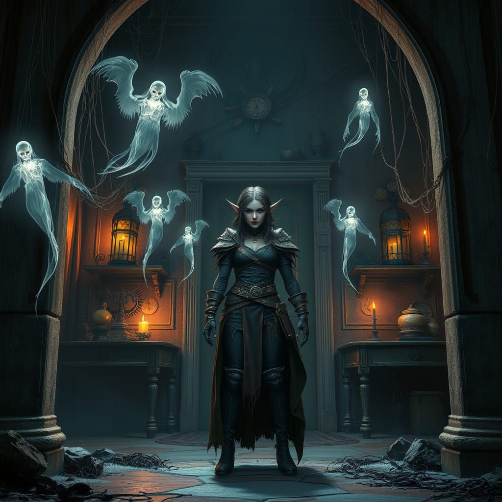 Dark Fantasy Tiefling Trapper in Haunted Mansion
