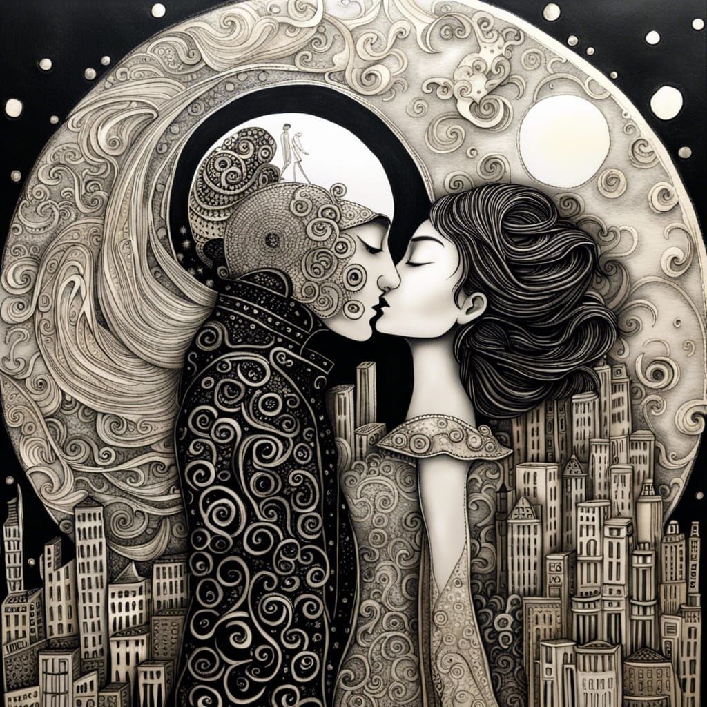 Ying and Yang Couple Kissing in Moonlit City