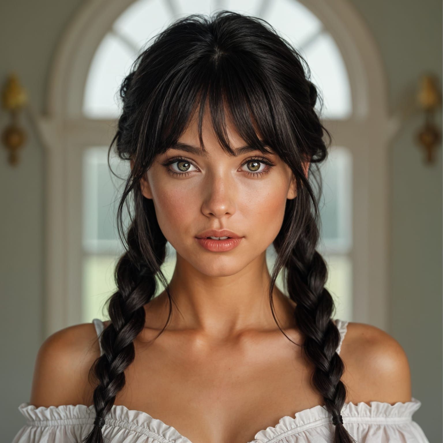 Bold Young Woman with Straight Hair and Pigtails Posing