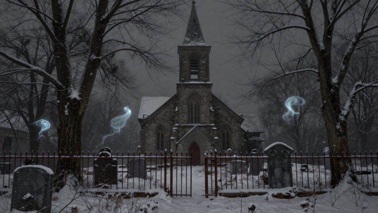 Gothic Graveyard in Snow with Ethereal Lights