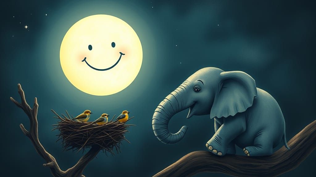 Elephant Gazes at Smiling Moon and Bird Nest