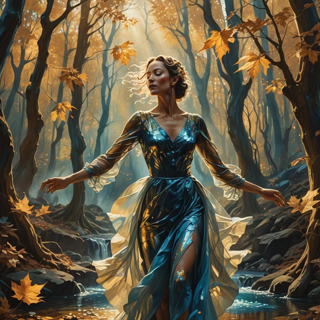 Woman Dancing in Autumn Forest: Surreal Fantasy Art