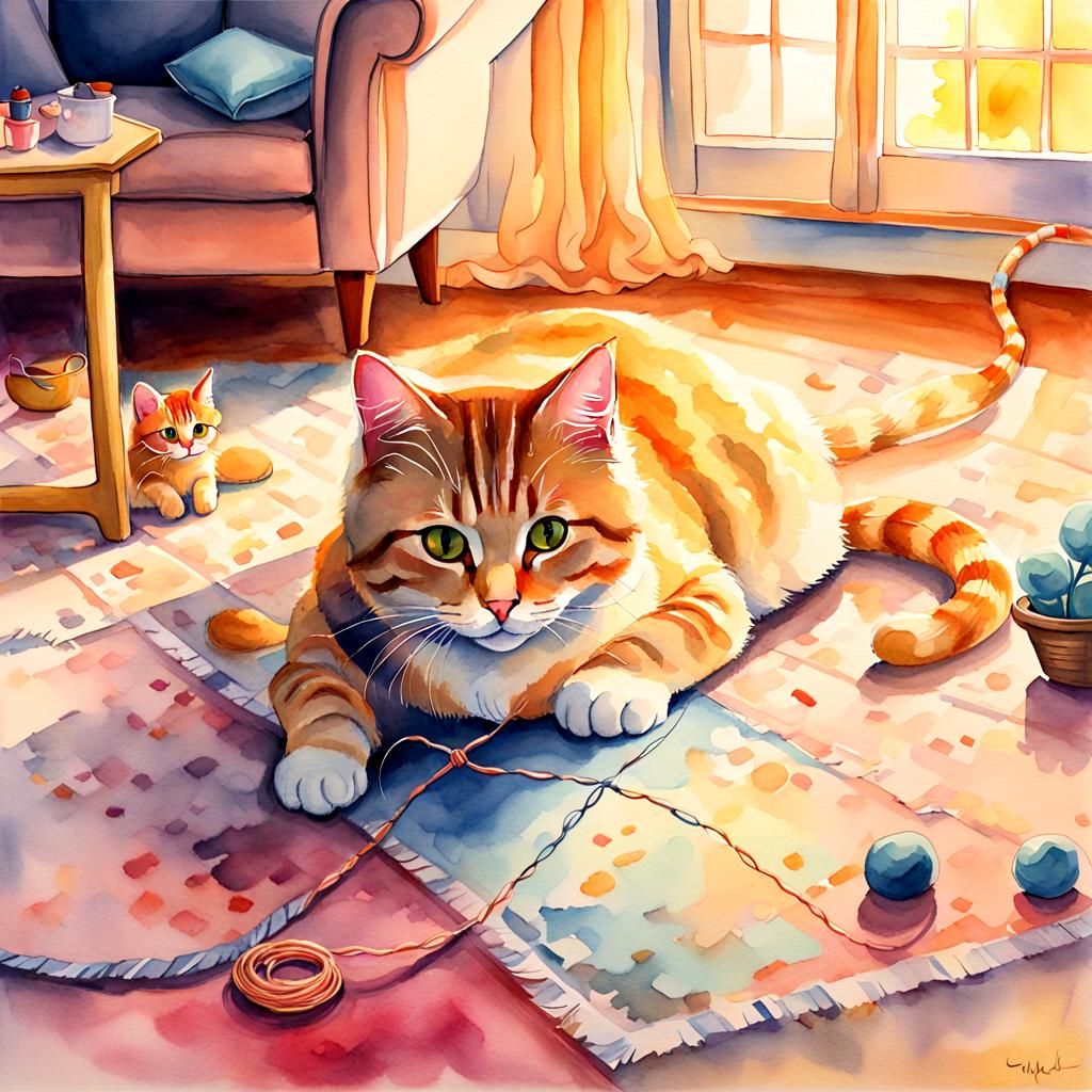 Cat Playing with String in Watercolor Style