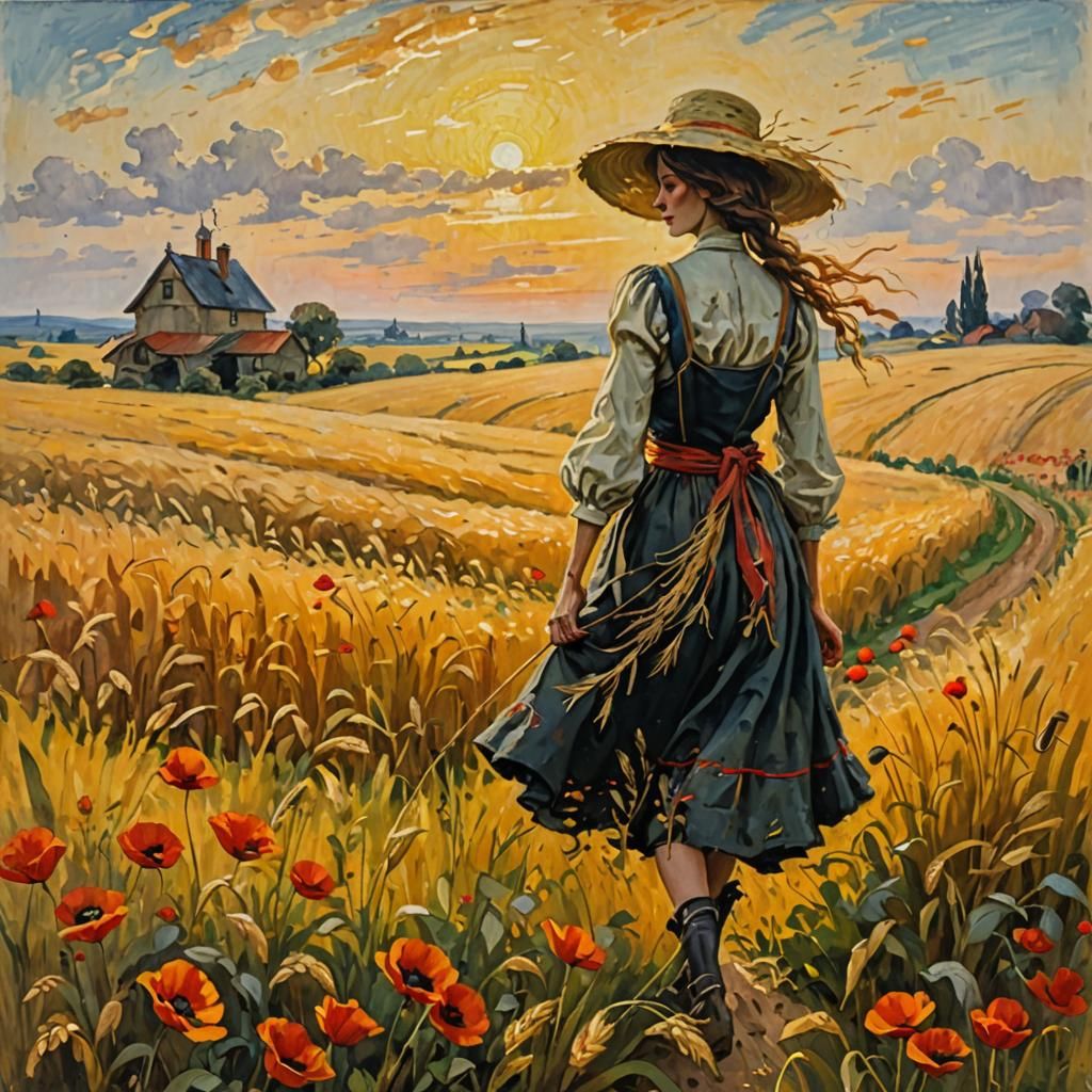 Golden Barley Field with Scarecrow in Impressionist Style