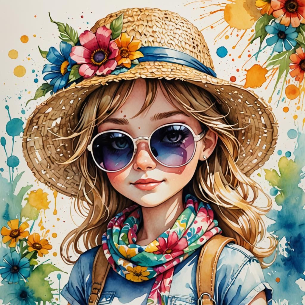 Cartoon Chibi Girl with Floral Scarf