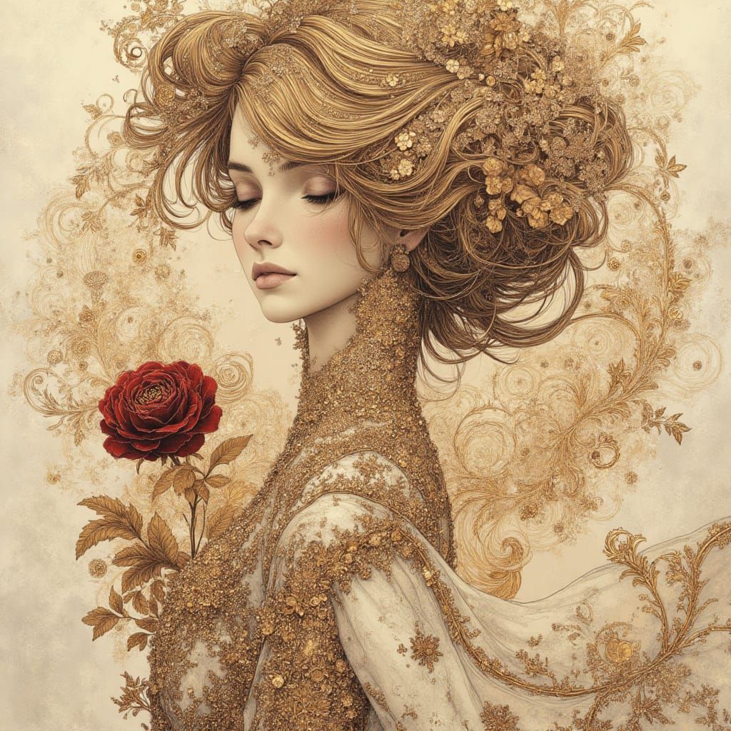 Belle Holding Rose: Pen and Ink Masterpiece