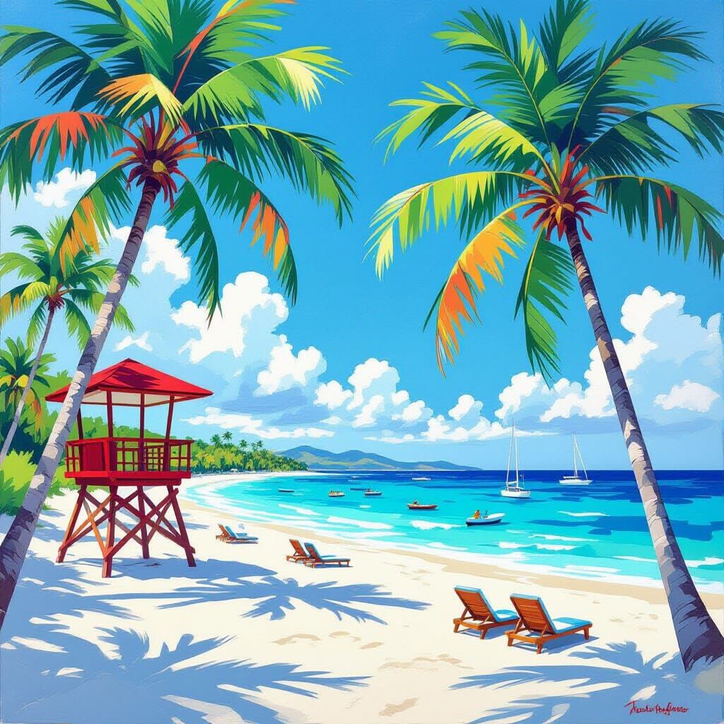 Tropical Beach with Turquoise Ocean in Painterly Style