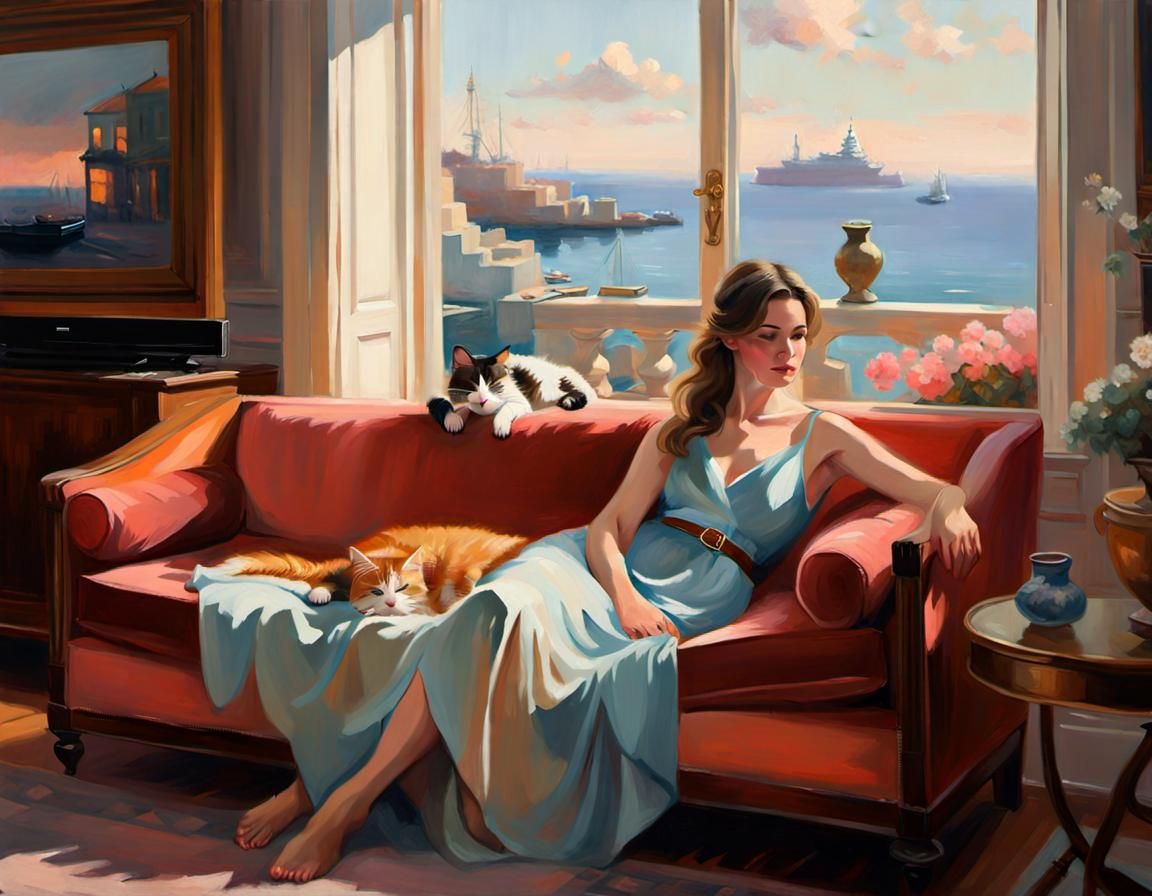 Cozy Harborview Living Room Oil Painting