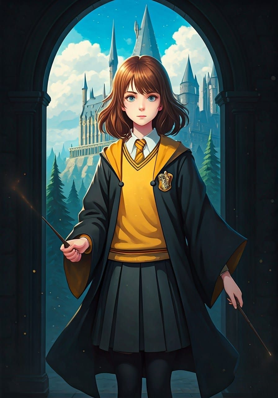 Hufflepuff Student in Hogwarts Robes, Inspired by Studio Ghi...