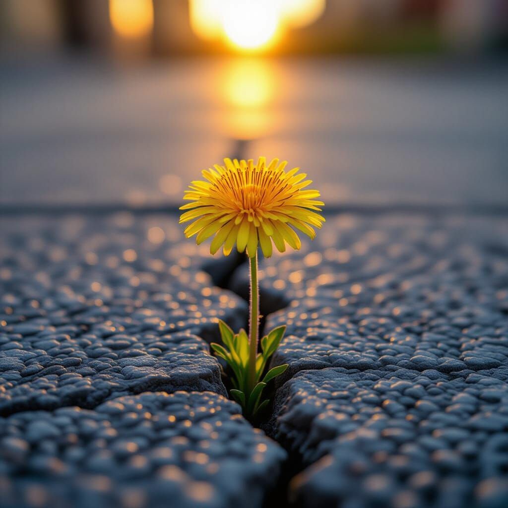 Golden Hour Dandelion on Cracked Sidewalk