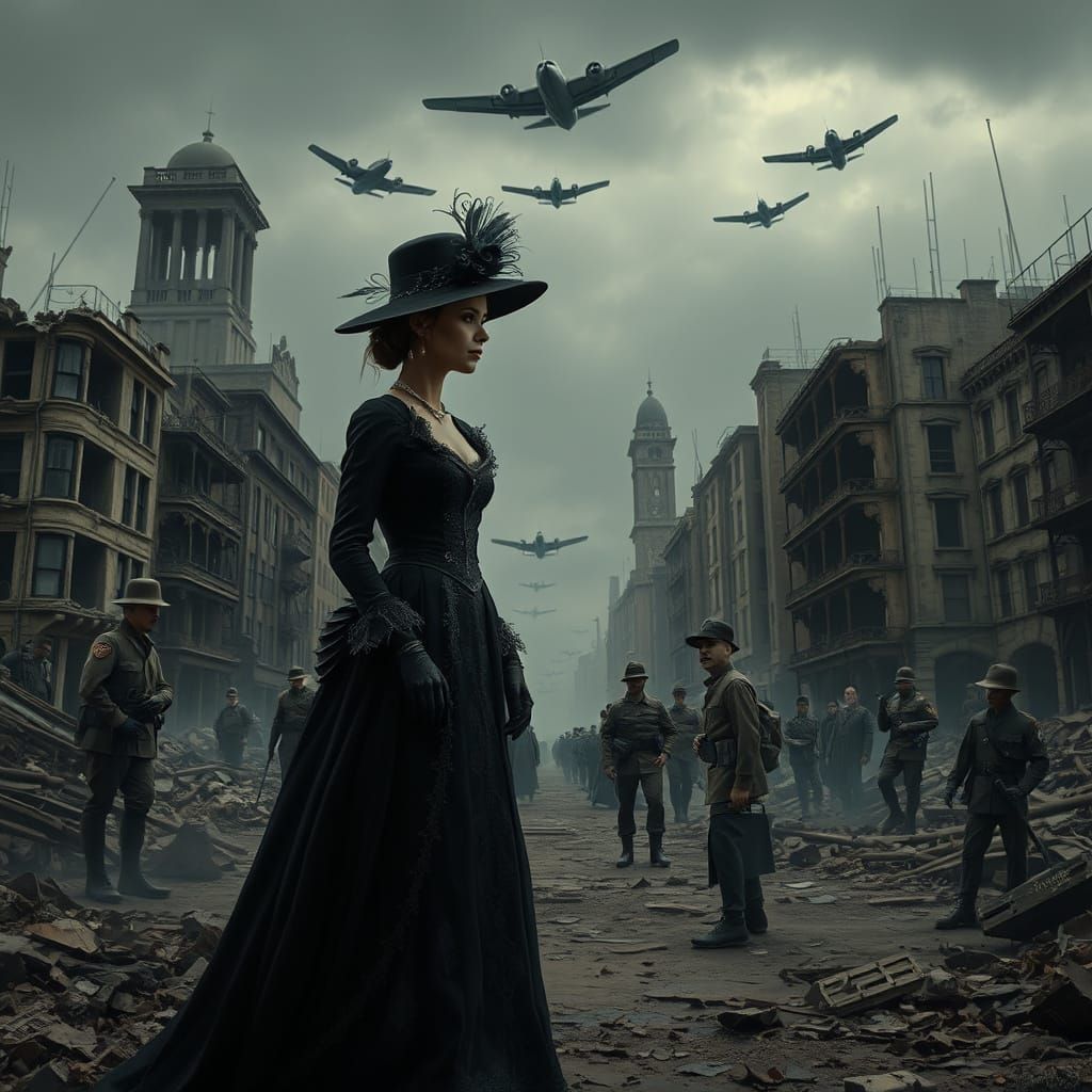 Aristocratic Mourning Princess in Desolate War-Torn Cityscap...