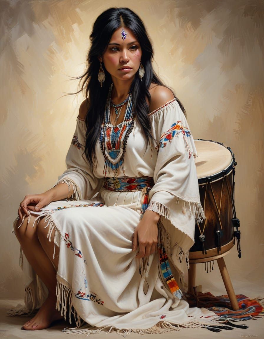 Native American Woman Plays Drum in Warm, Earthy Lighting