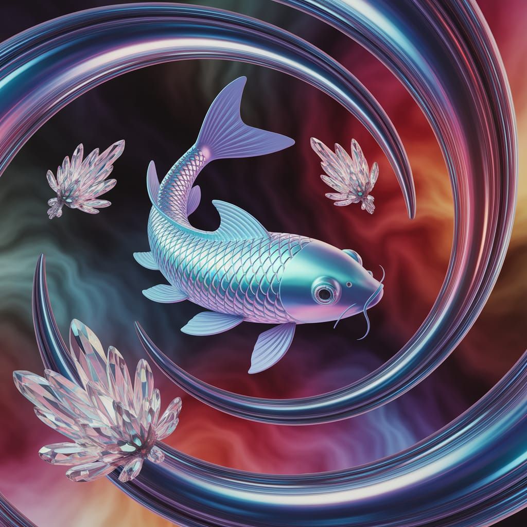 Celestial Koi in Nebula with Crystalline Creatures