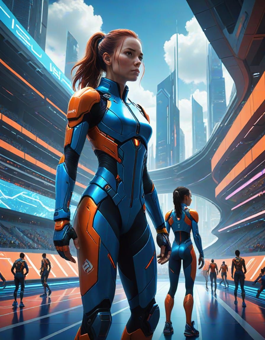 Vibrant Futuristic Stadium Scene with Athletes