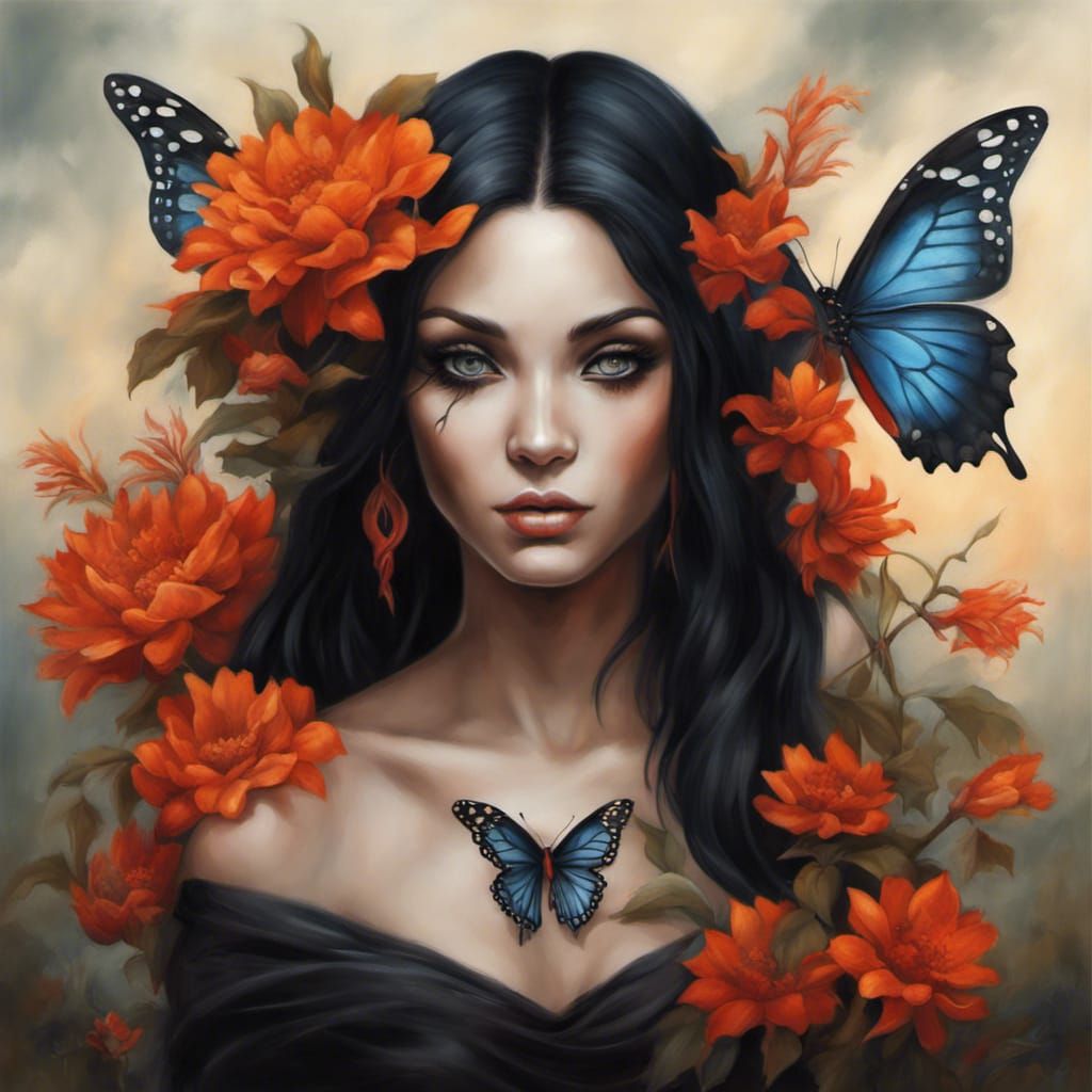 Woman with Flowers and Butterfly in Airbrushed Style