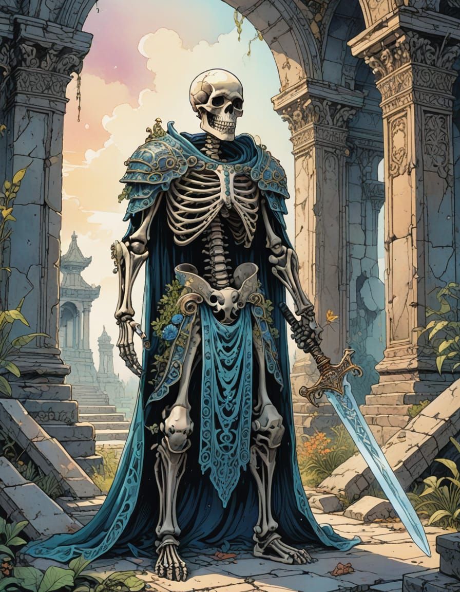 Ancient Skeleton Guardian in Ruined Temple, Watercolor and I...