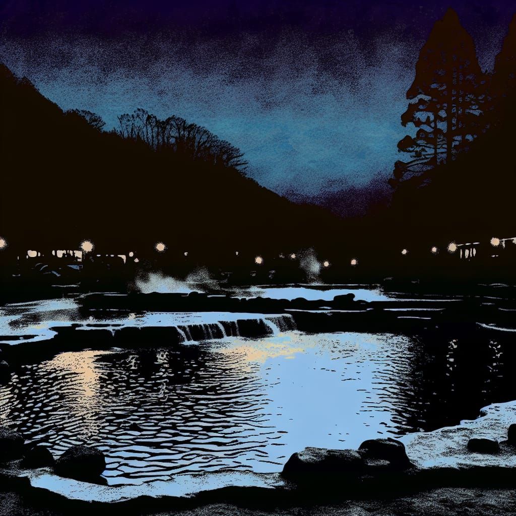 Night Spell in Riverside Hot Springs: Linocut
