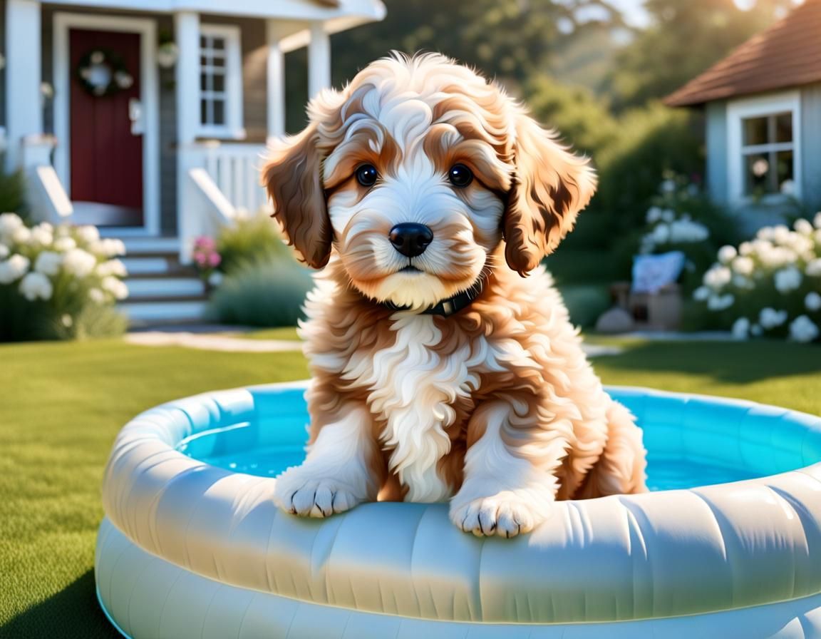 Bernedoodle Puppy's Delight: A Whimsical Pool Day