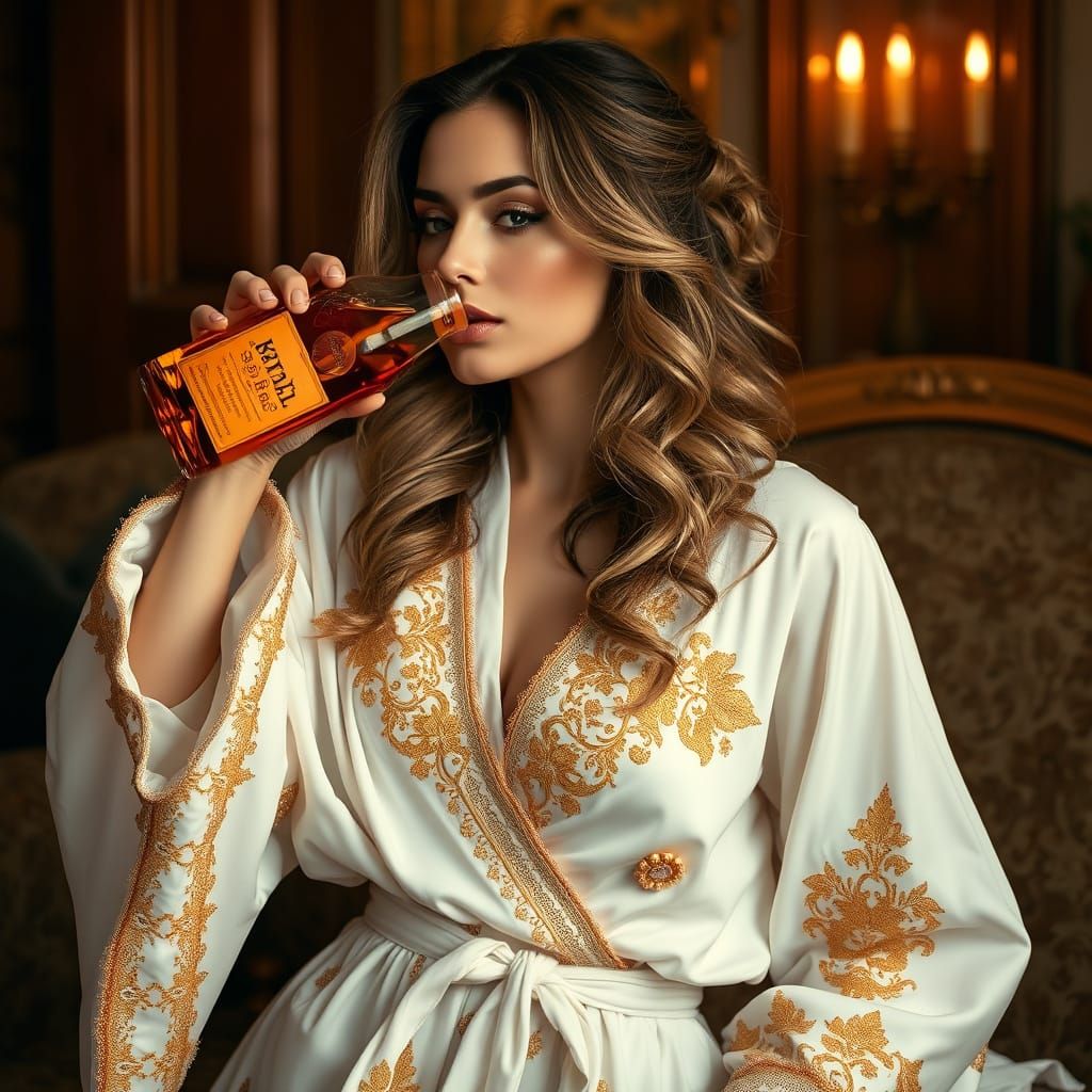 Elegant Woman Sips Fireball in Ornate White Robe