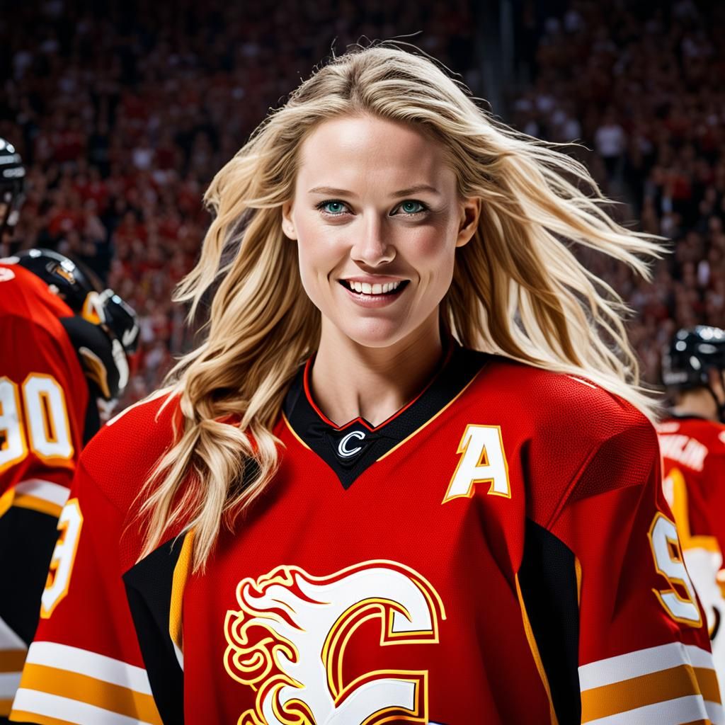 Blond Girl in Calgary Flames Jersey Portrait