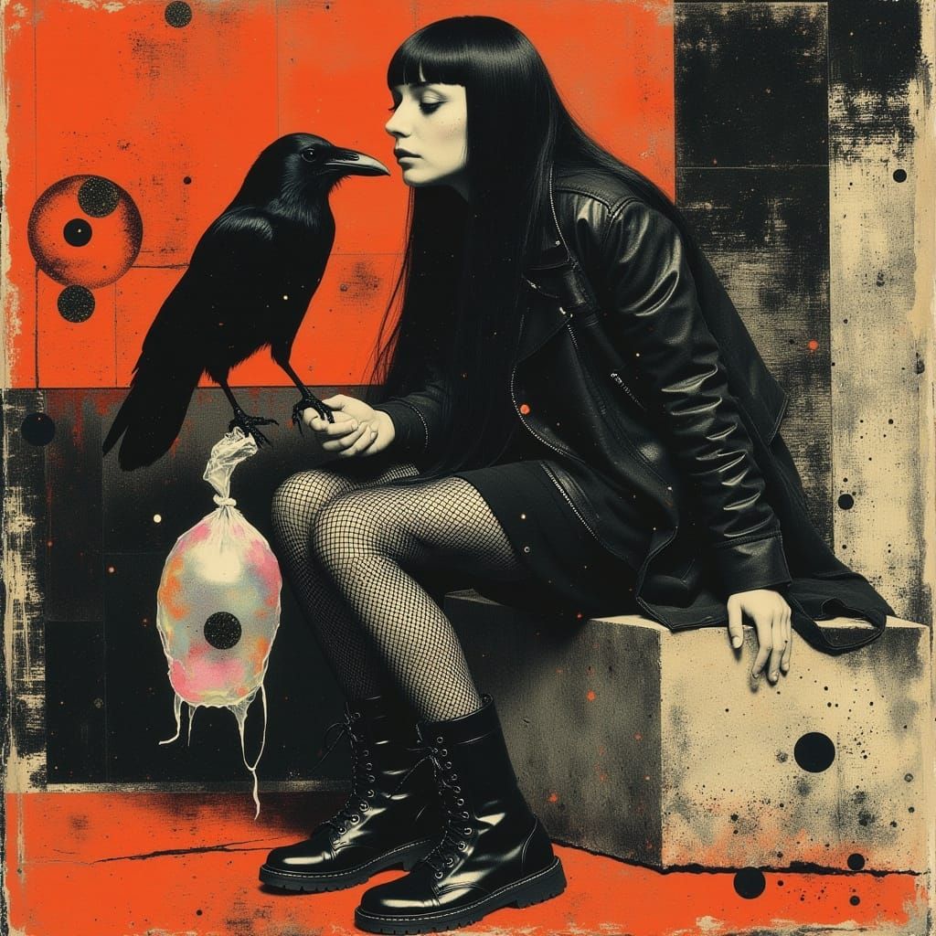 Rebellious Crow in Darkwave Grunge Style