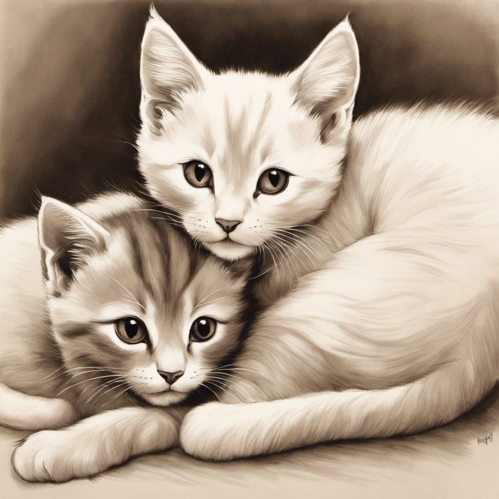 Sepia Kitten Cuddle in Vintage Line Art Style