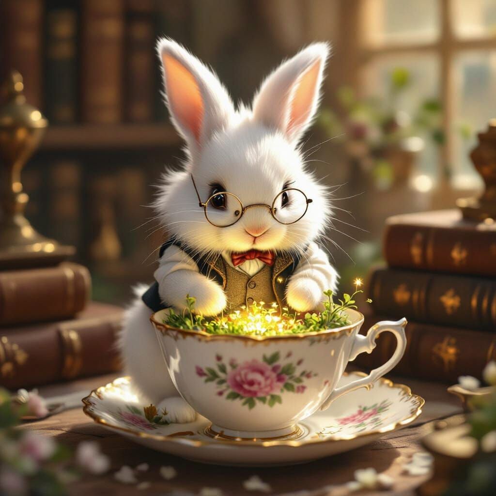 Fluffy Rabbit Tends Glowing Garden in Teacup