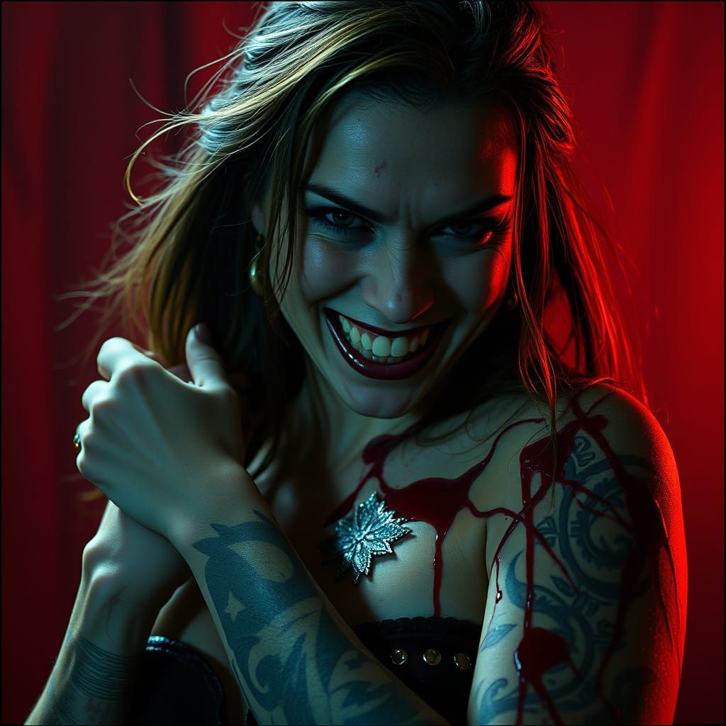 Furious Redhead with Knife in Dramatic Cinematic Scene