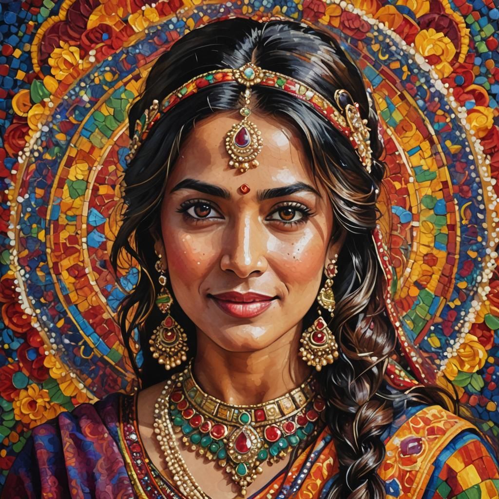 Bollywood Star in Pointillist Portrait with Indian Motifs