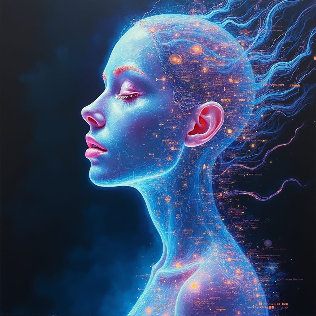 Surreal Futuristic Oracle in Shimmering Neon Hues