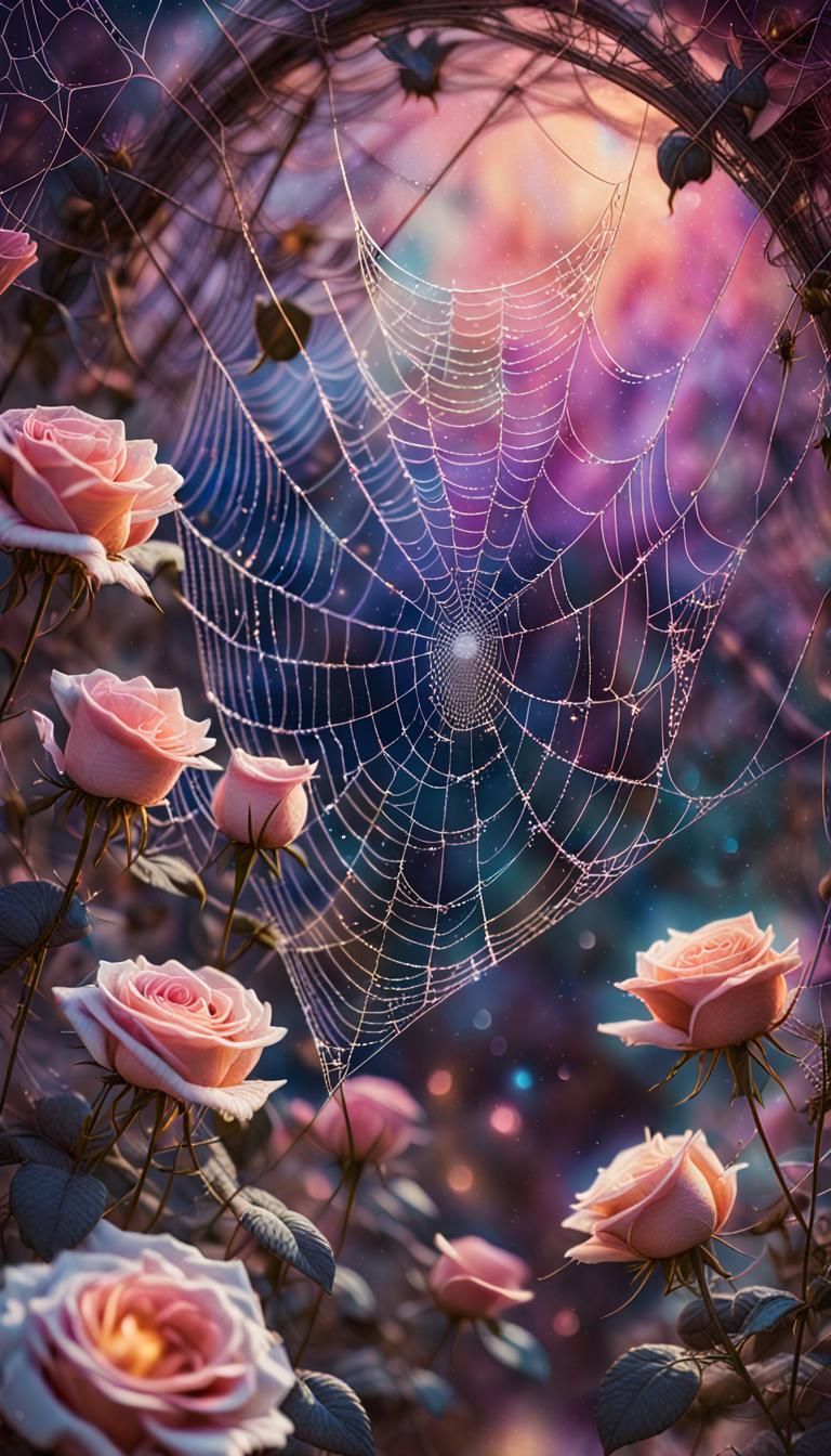 Astral Spiderweb with Roses: Dreamlike Mixed Media Illustrat...