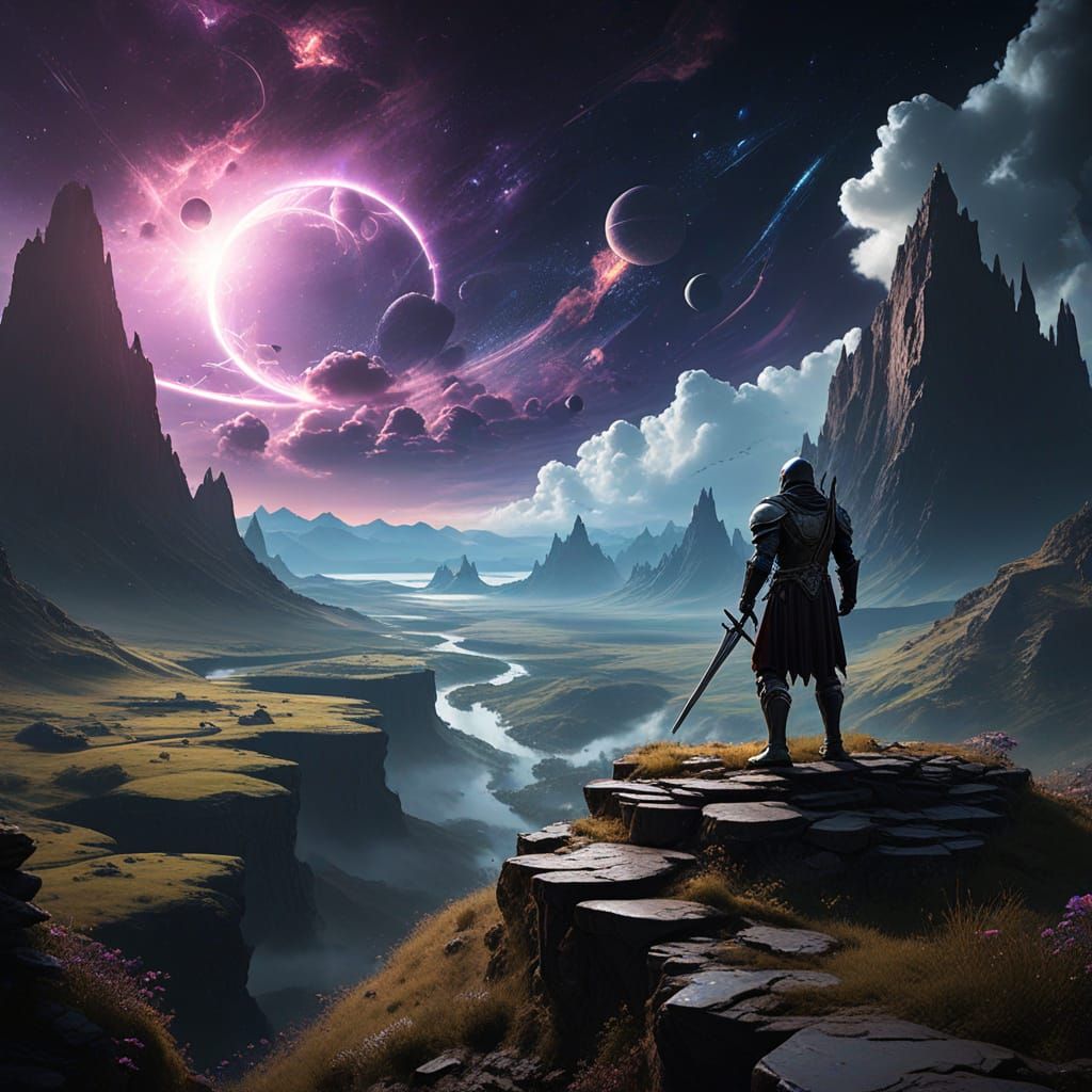 Knight Gazes at Nebula in Dark Fantasy Digital Matte Paintin...