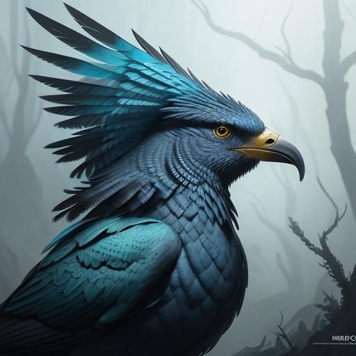 Blue Feathered Hippogriff in Misty Forest
