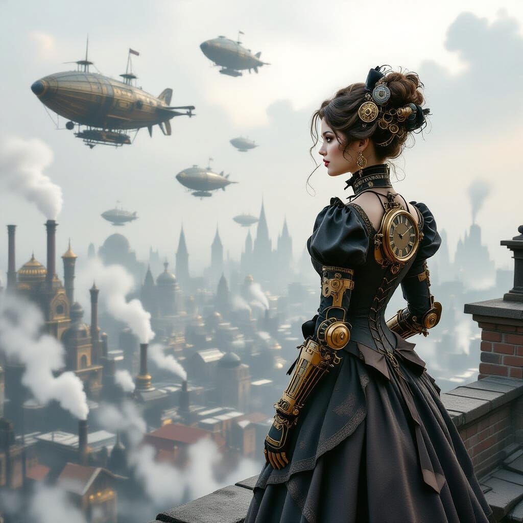 Victorian Woman with Clockwork Prosthetics Overlooking Steam...