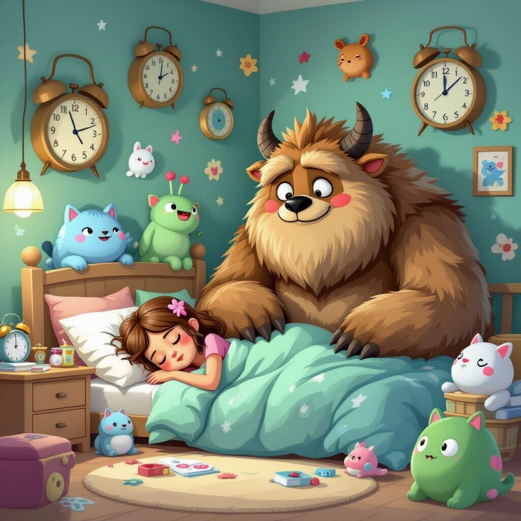 Girl Snoozing with Surreal Friends in Whimsical Bedroom
