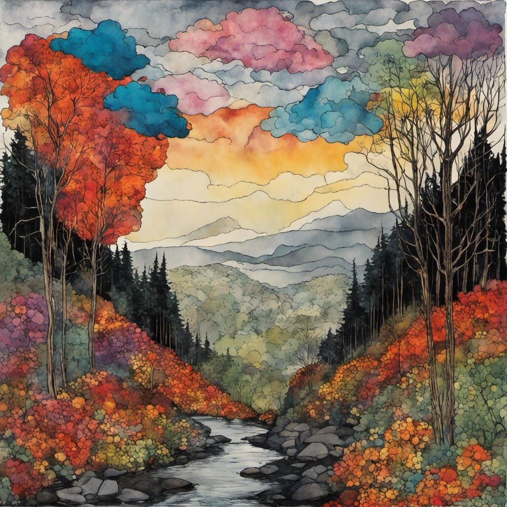 Misty Mountain Forest in Alcohol Ink Style
