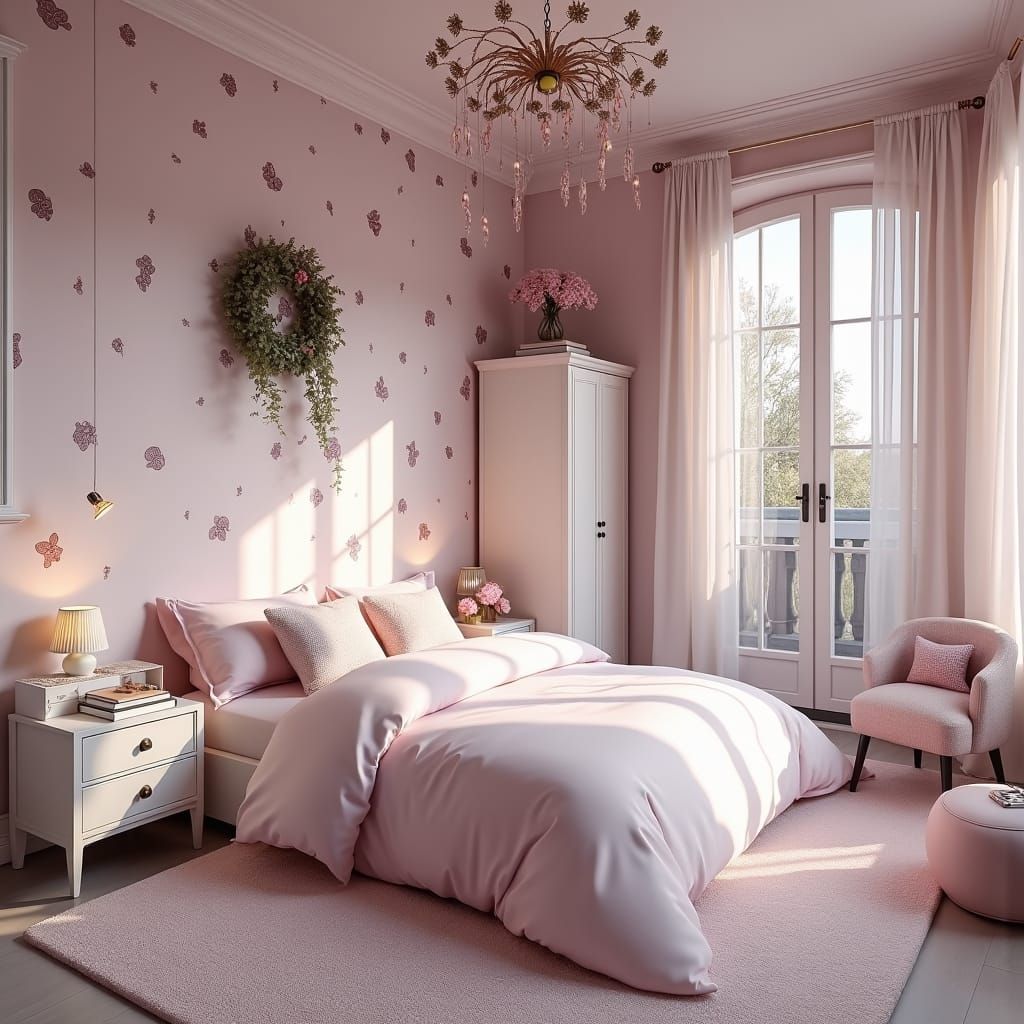 Whimsical Bedroom with Pink Palette and Floral Wallpaper