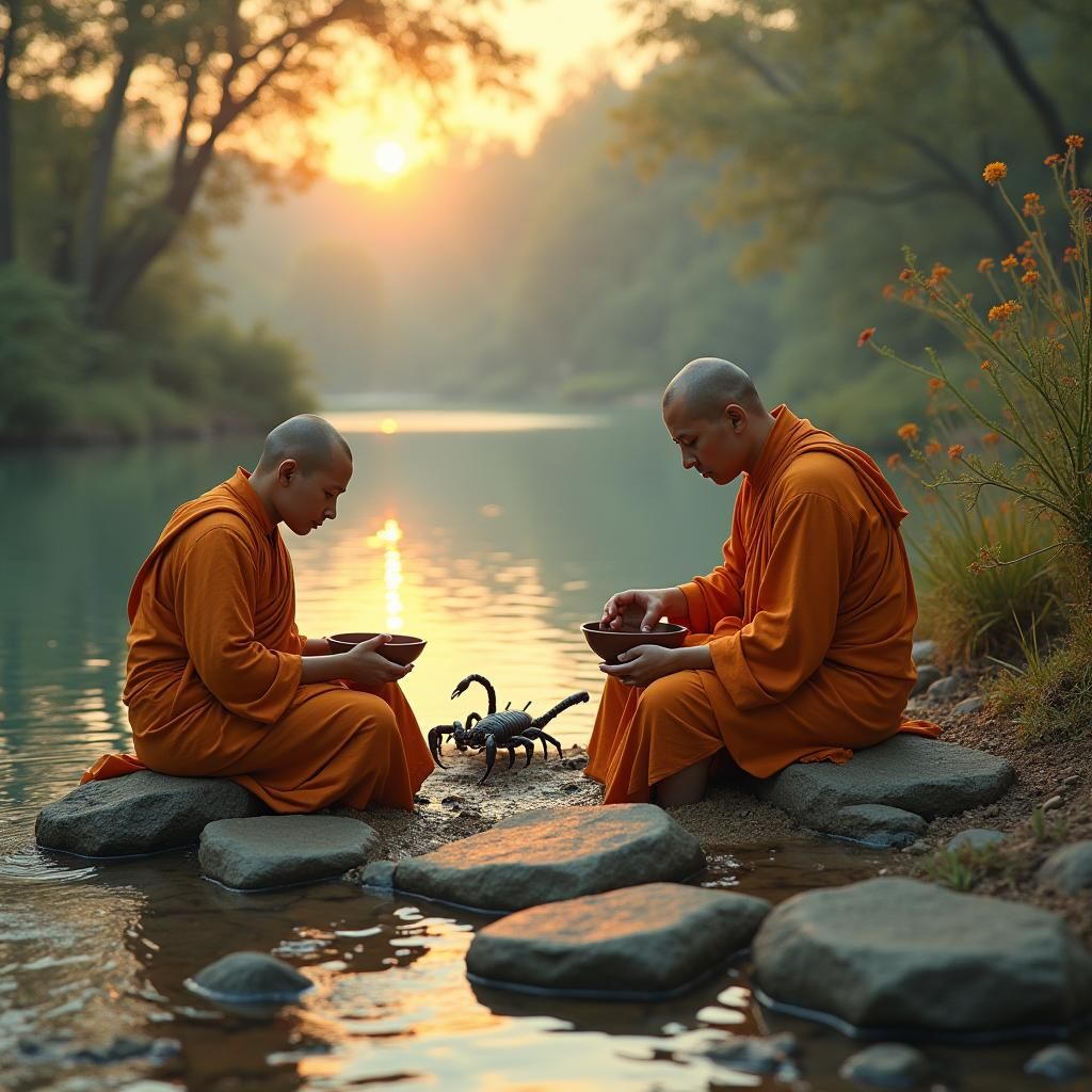 Buddhist Monks and Scorpion in Dreamy Lighting