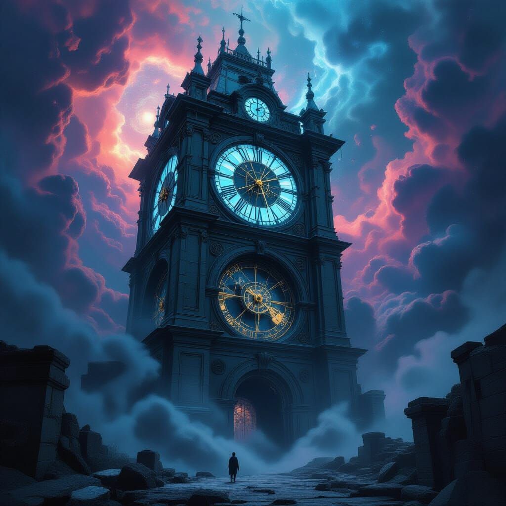 Ancient Clock Tower in Cosmic Nebula, Impasto Style