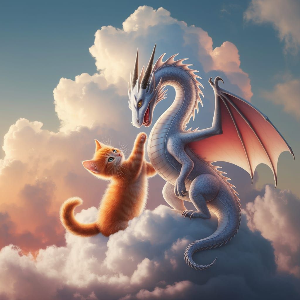Orange Kitten and White Dragon Play on Cloud