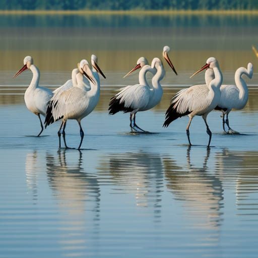 Ibis Flock on Luminous Lake Shore Amidst Warm Golden Light
