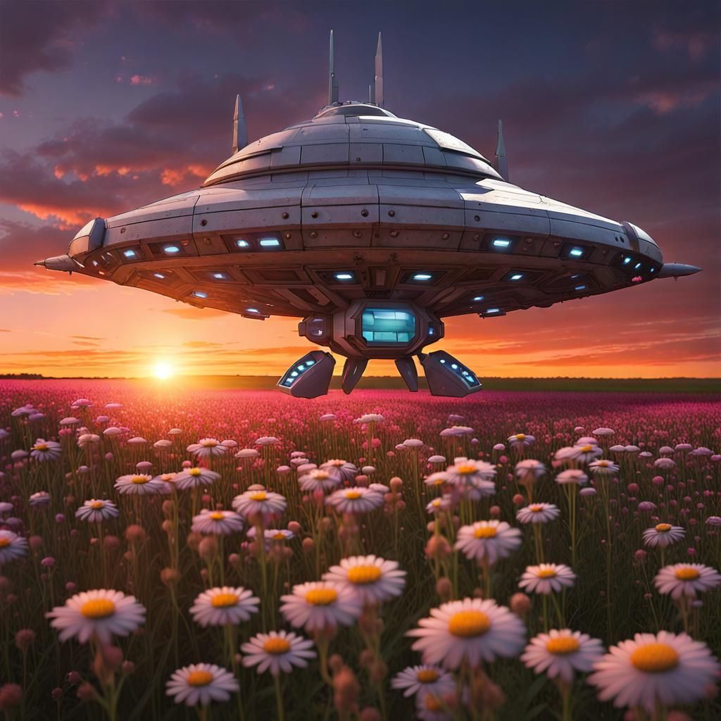 Spaceship Among Flowers at Sunset: Digital Art