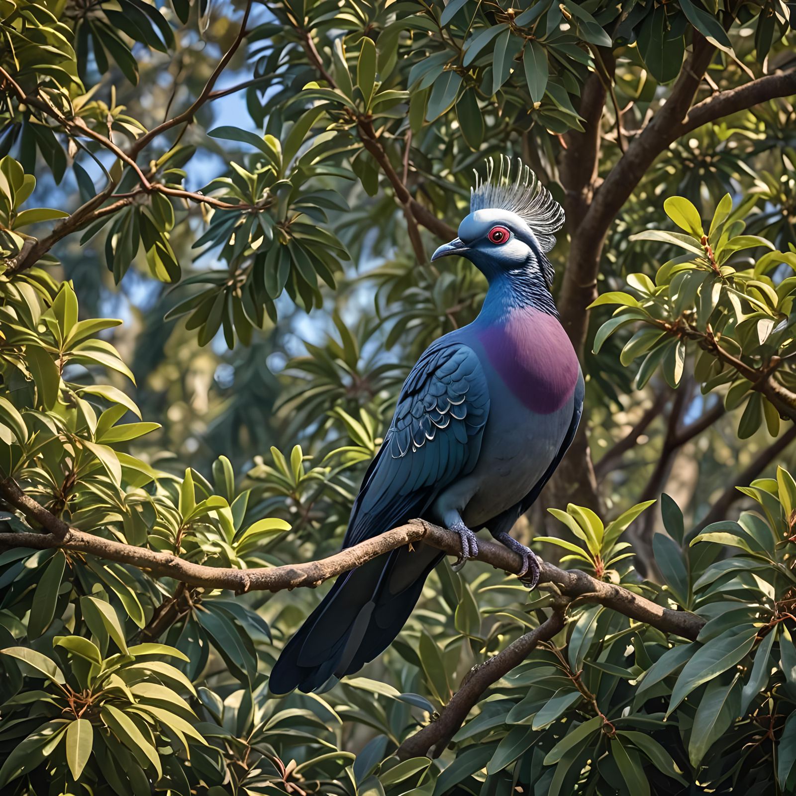 Crowned Pigeon Perched in Lush Tree, Macro Photography