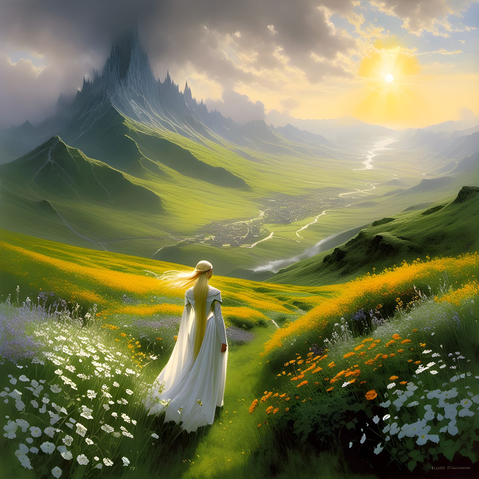 Elven Maiden in Wildflower Meadow, Fantasy Art