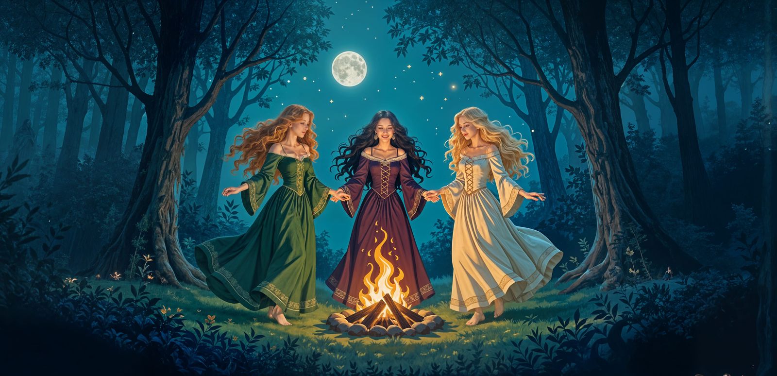 Witches Dance Around Bonfire in Moonlit Forest Glen